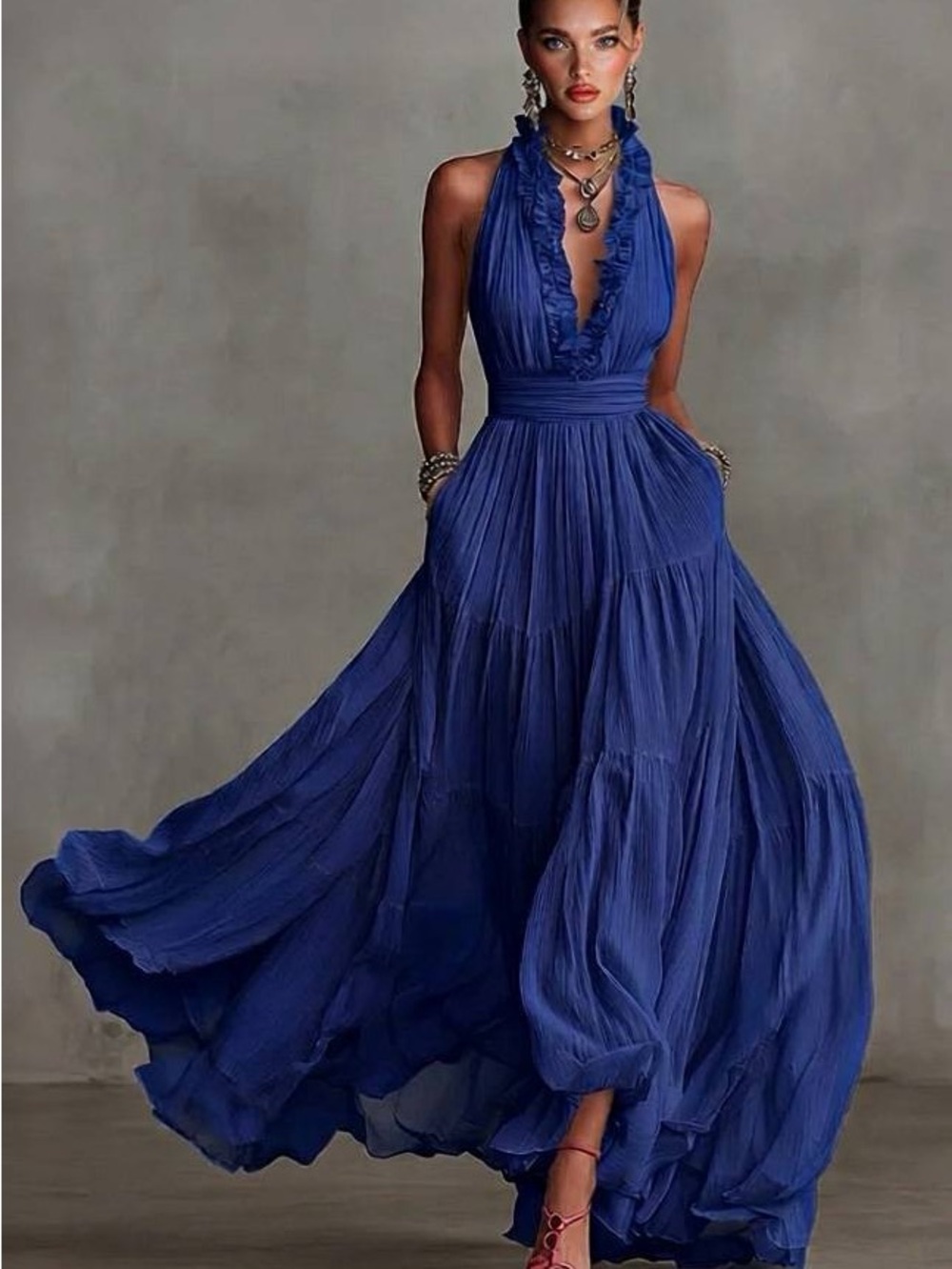 Sleeveless Royal Blue Ruffled Halter Maxi Dress